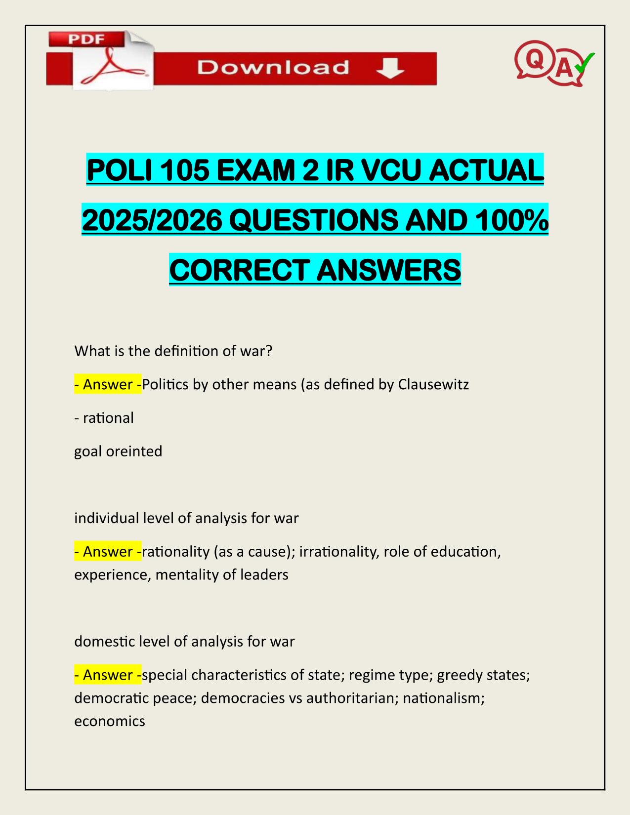 POLI 105 EXAM 2 IR VCU ACTUAL 2025/2026