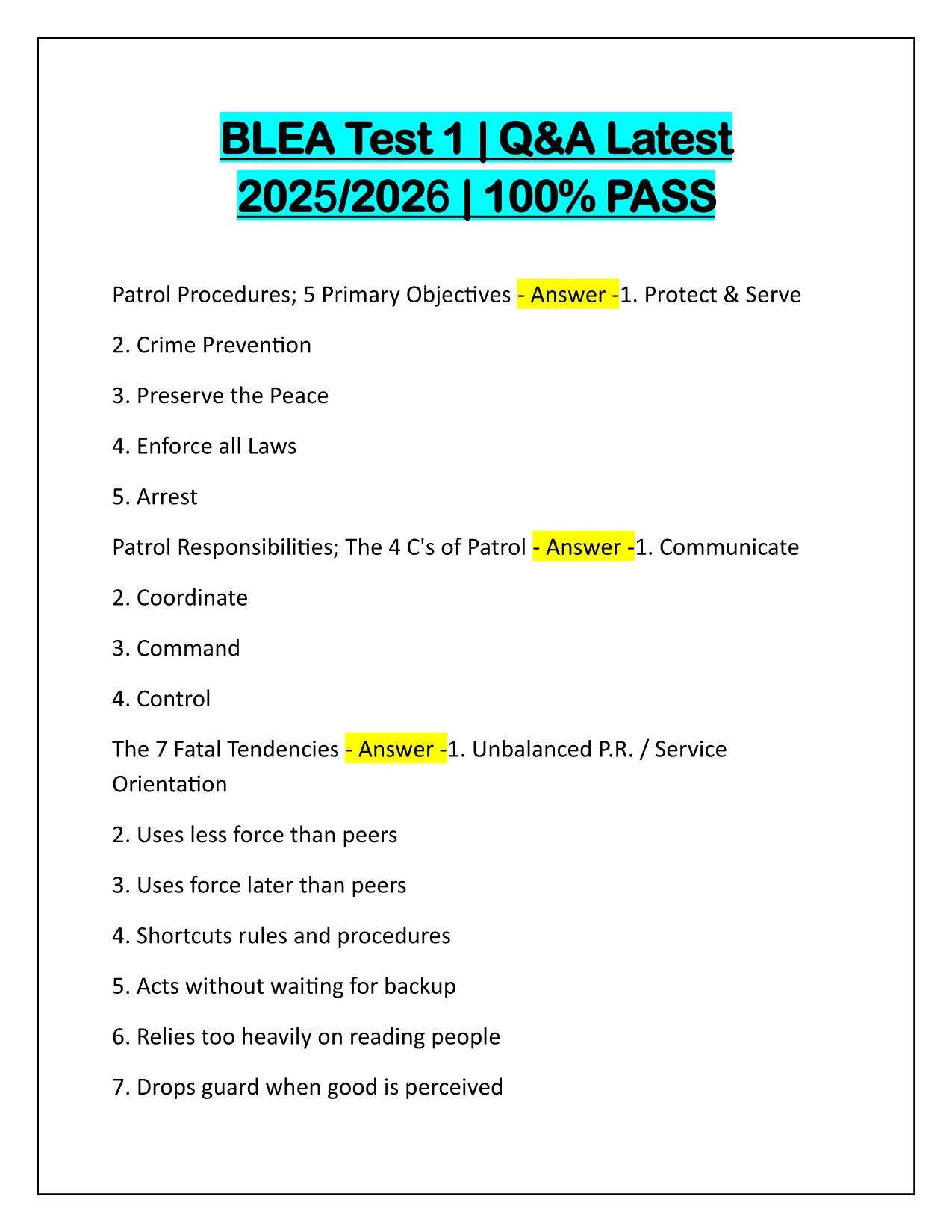 BLEA Test 1 Questions with Verified Answers Latest Update