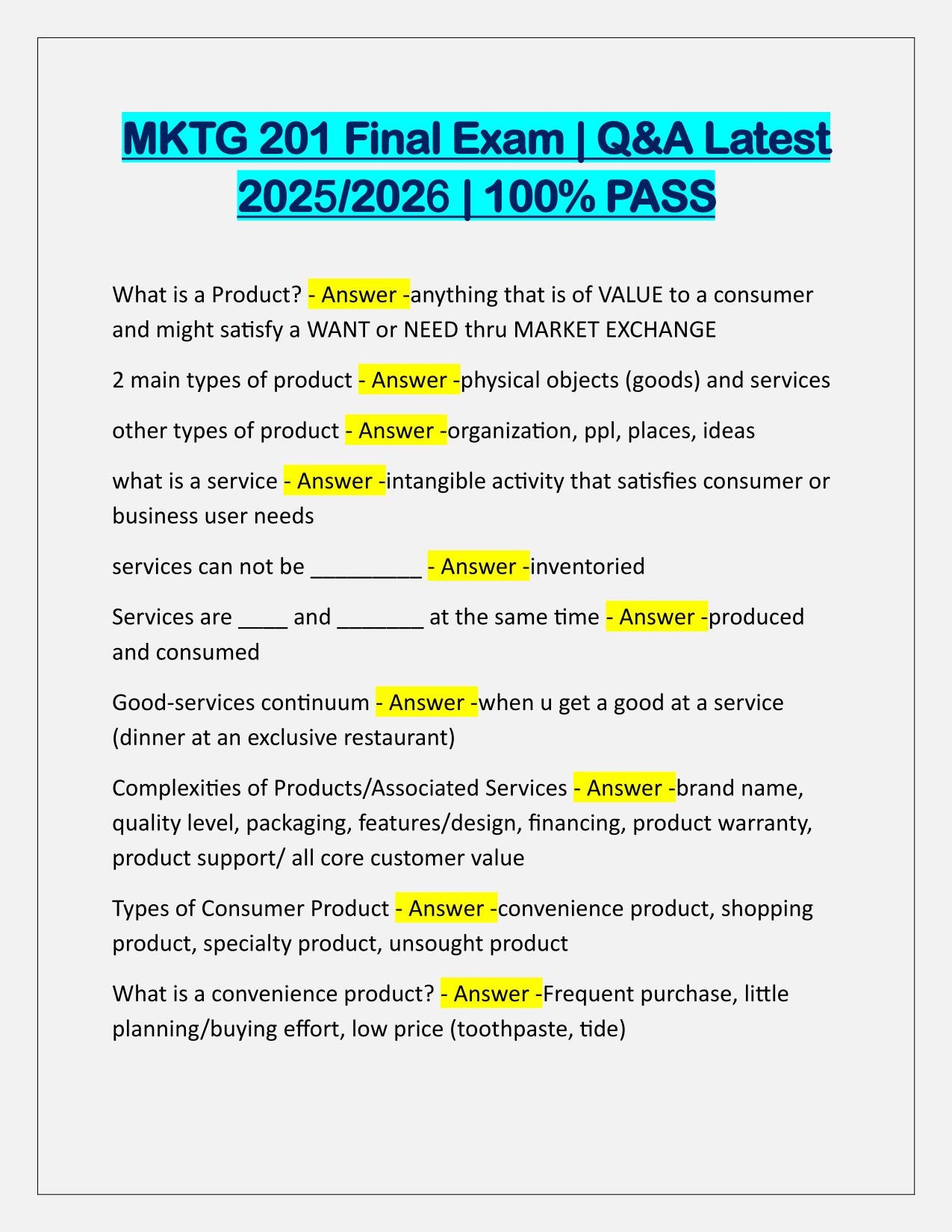 MKTG 201 Final Exam Q&A Latest Update