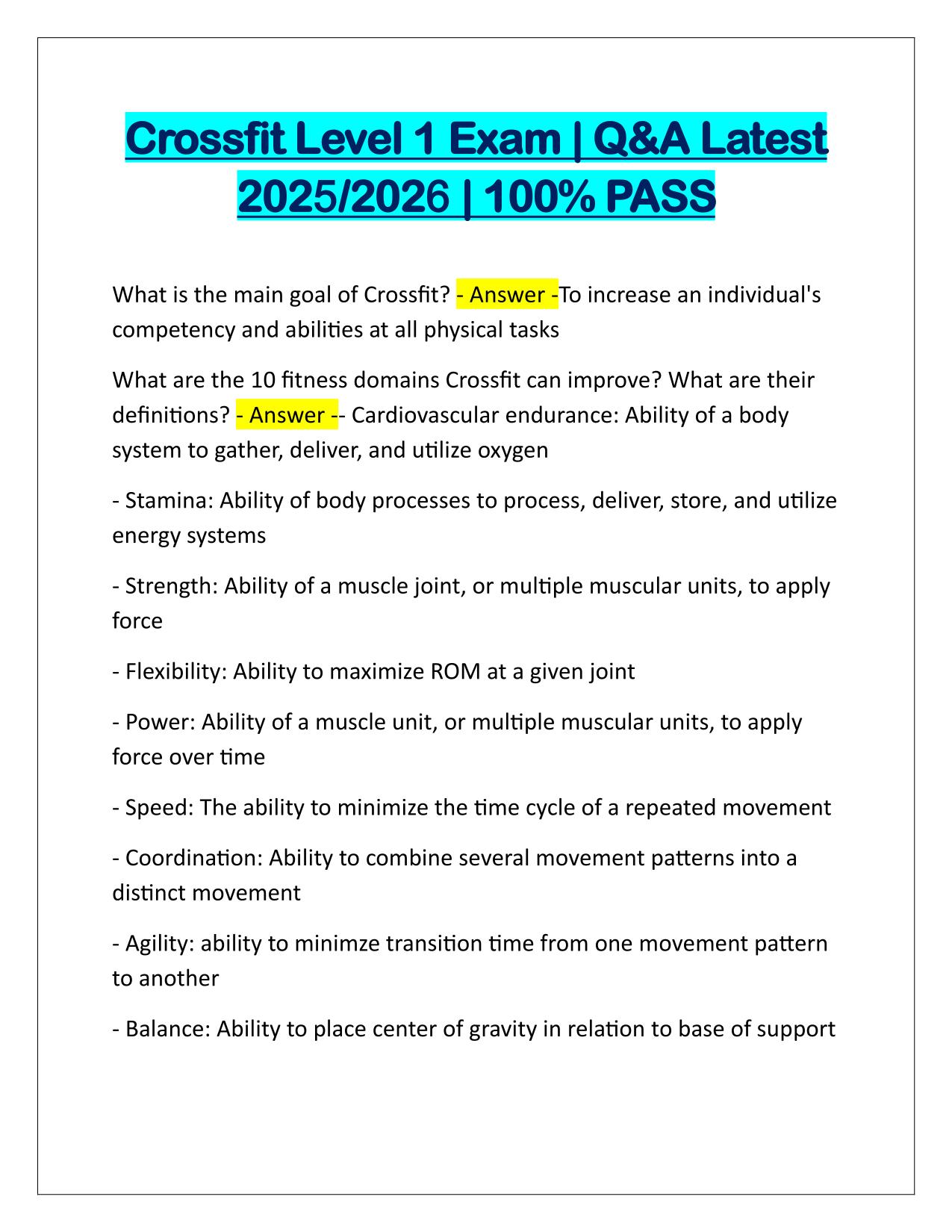 Crossfit Level 1 Exam Q&A Latest Update