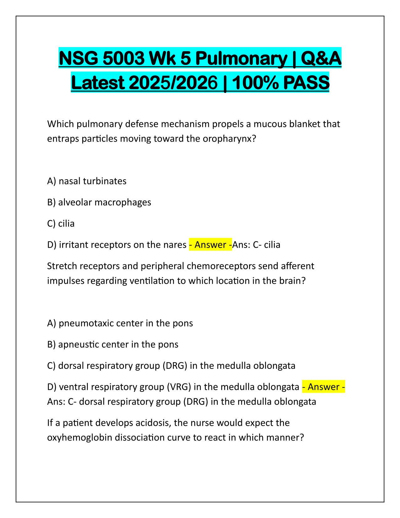 NSG 5003 Wk 5 Pulmonary Correctly Answered Latest Update