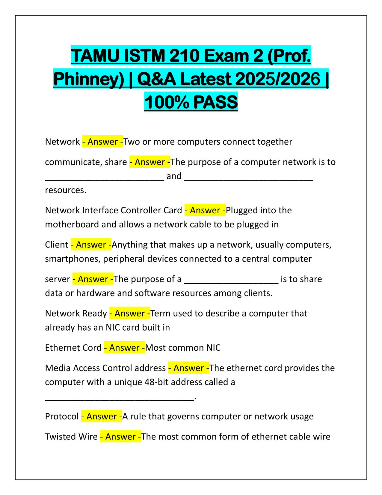 TAMU ISTM 210 Exam 2(Prof. Phinney) Correctly Answered Latest Update
