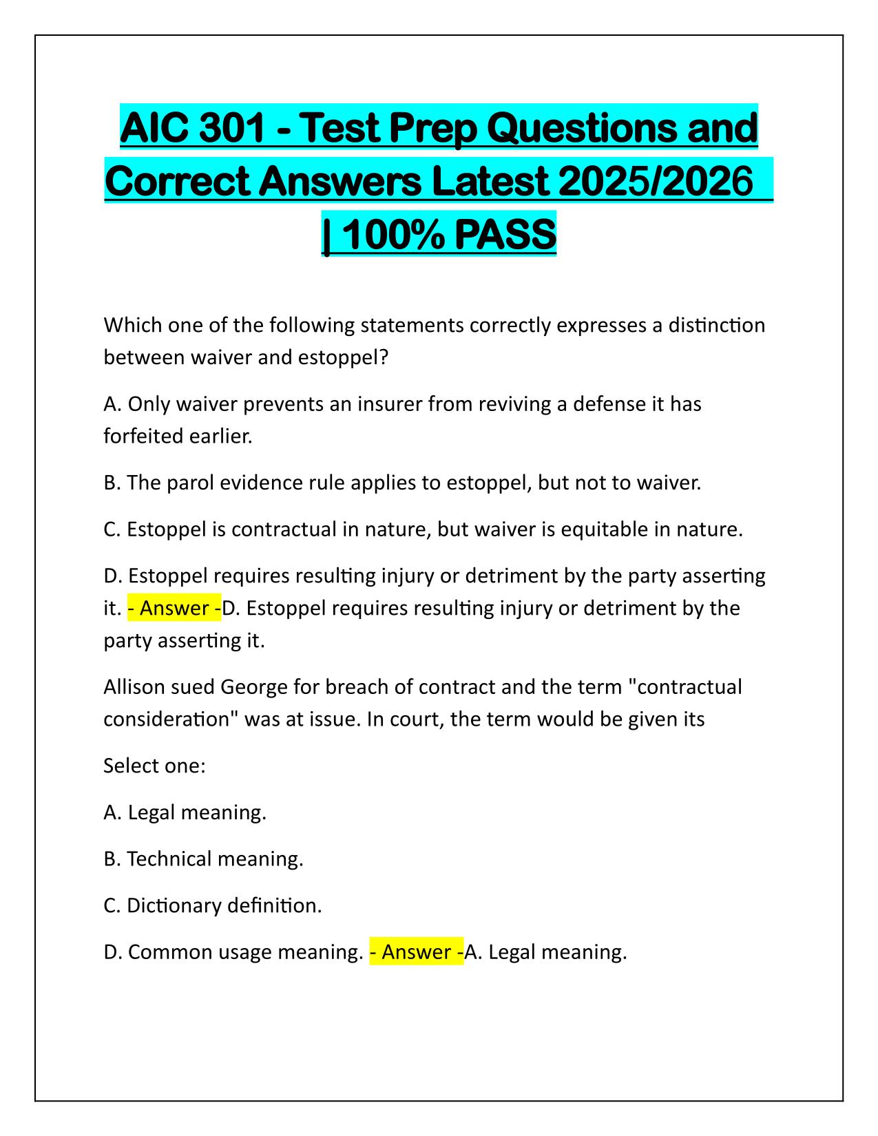 AIC 301-Test Prep Questions and Correct Answers Latest Update