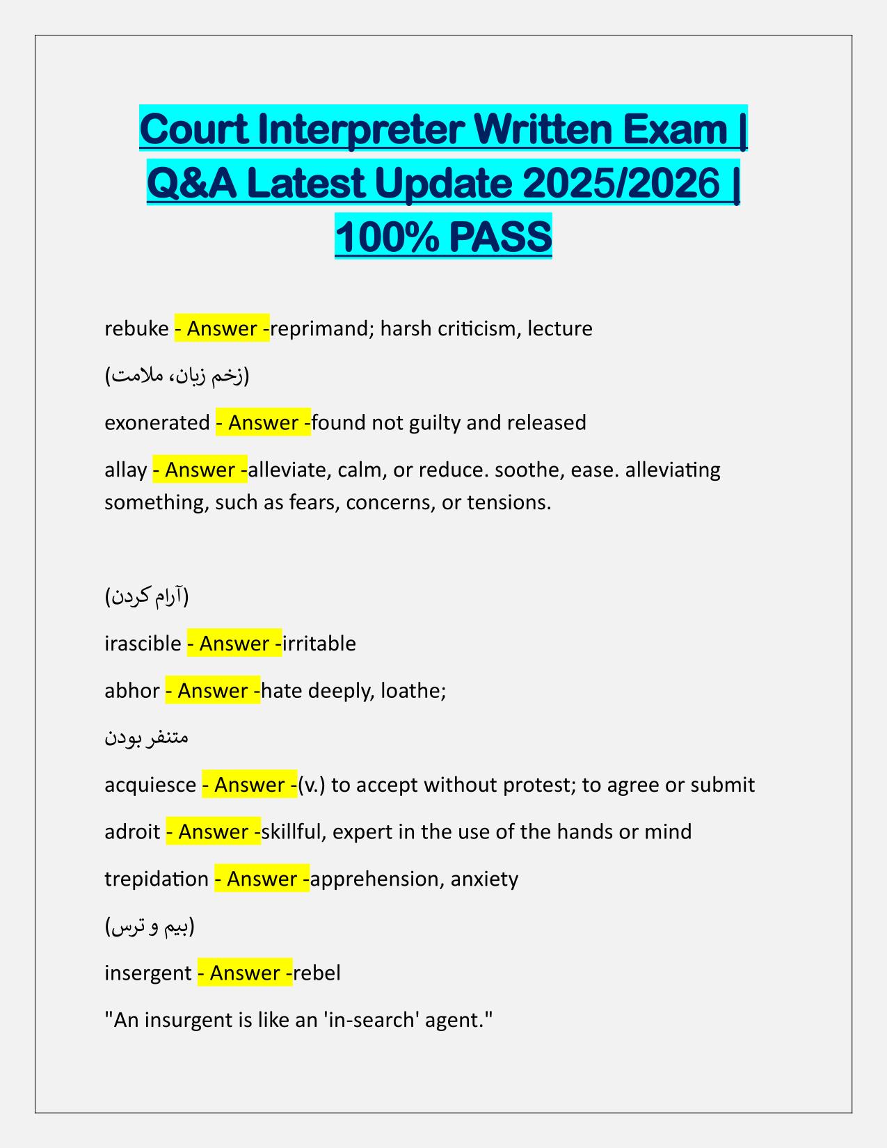 Court Interpreter Written Exam with Verified Answers Latest Update
