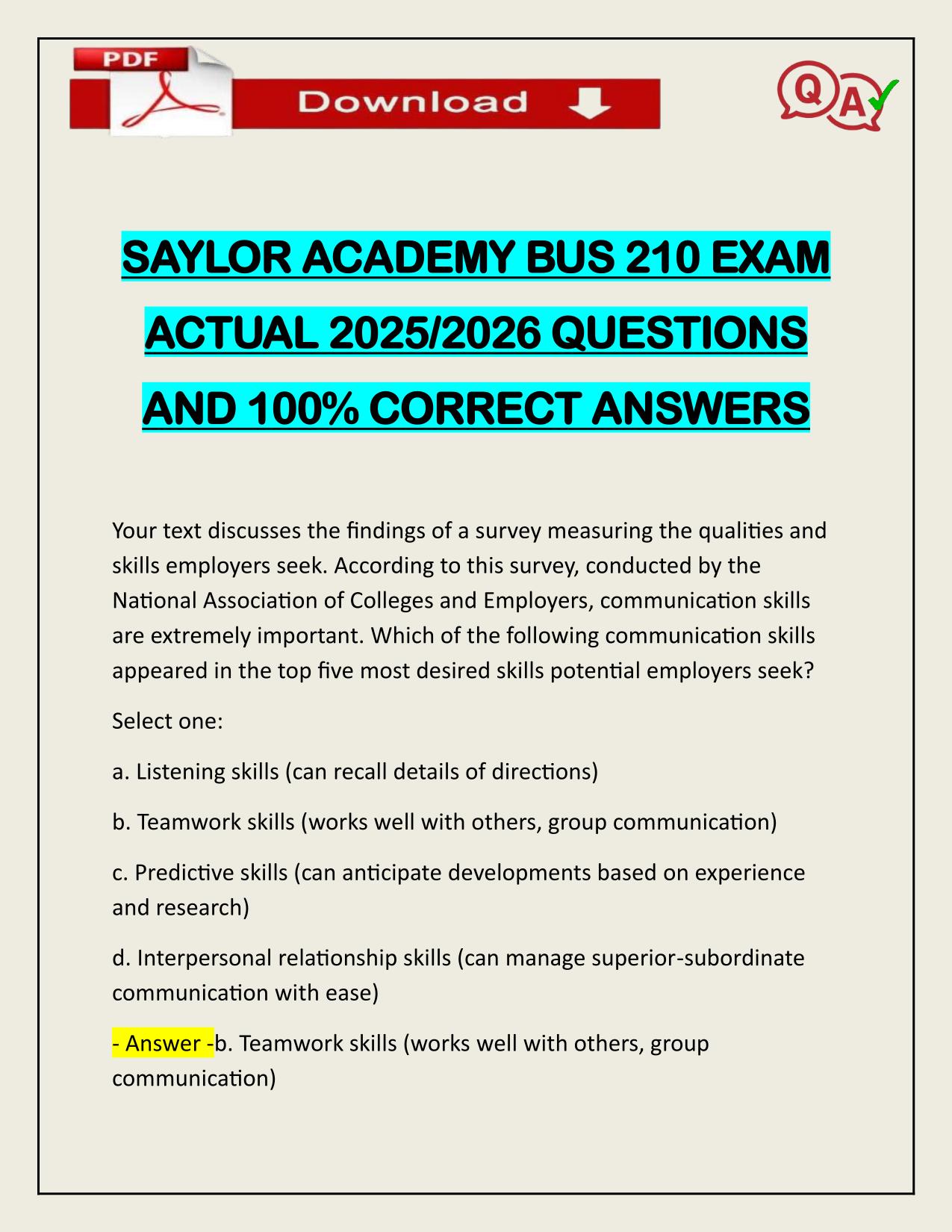 SAYLOR ACADEMY BUS 210 EXAM ACTUAL 2025/2026