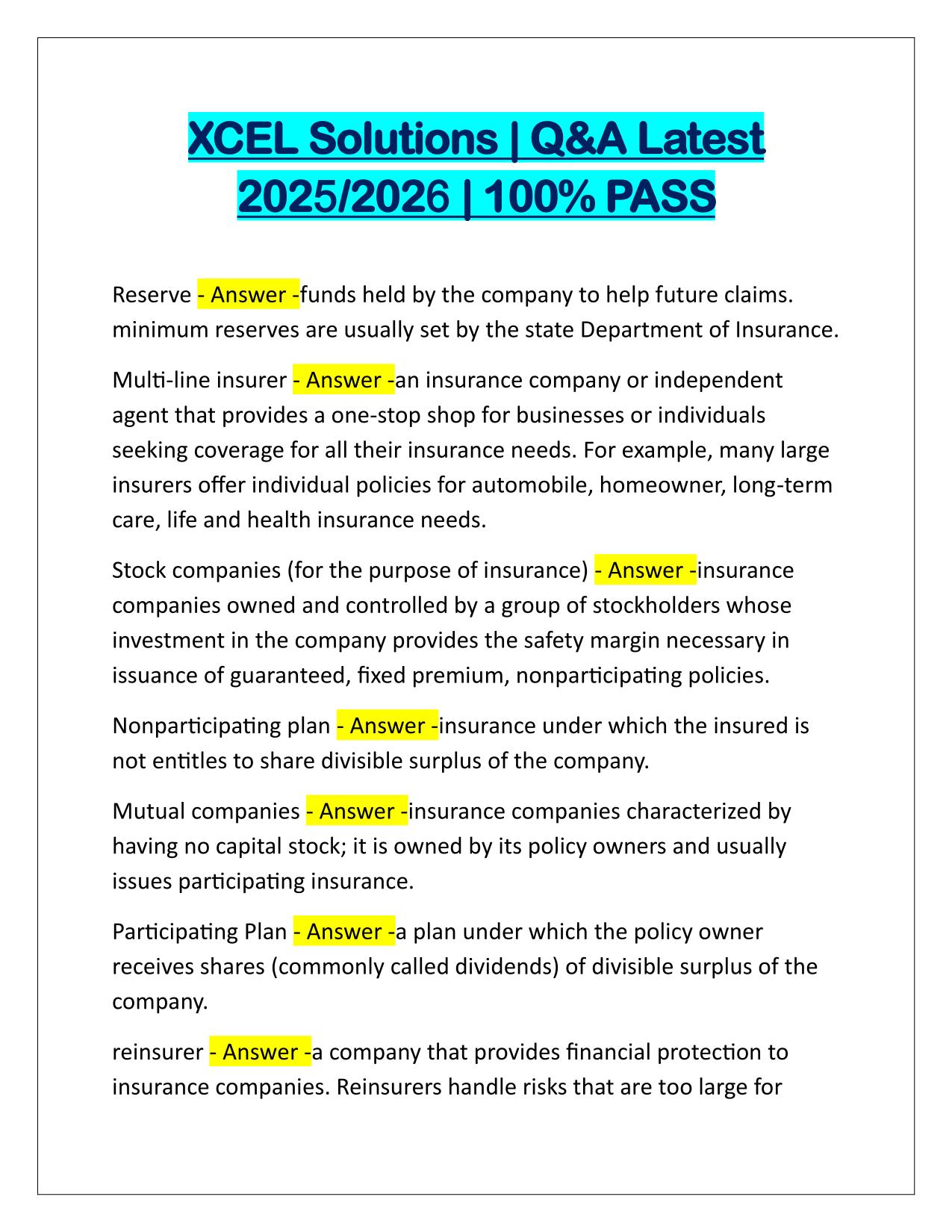 Bundle for XCEL Life Insurance Solutions EXAMS Q&A Latest Update 2025-2026