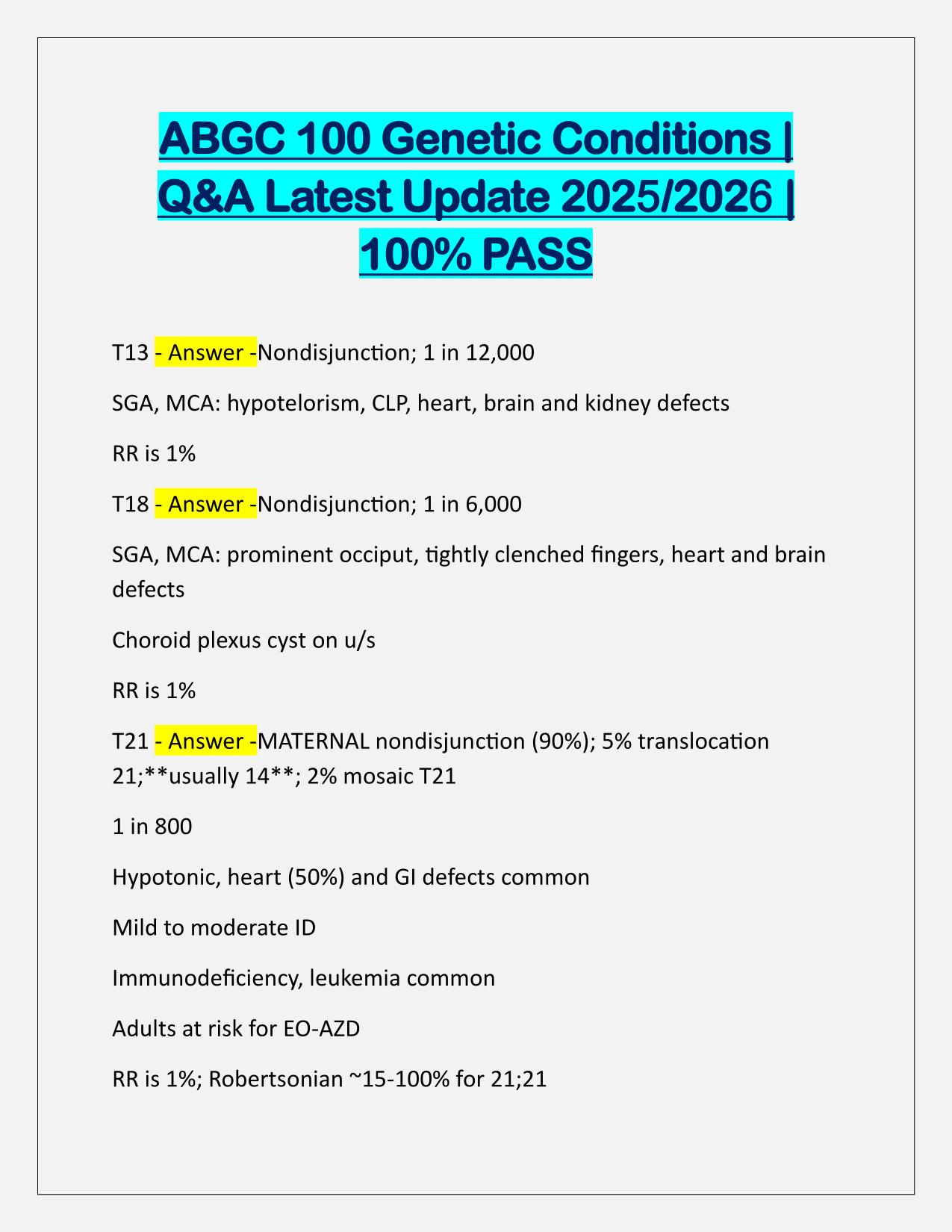 ABGC 100 Genetic Conditions Q&A Latest Update