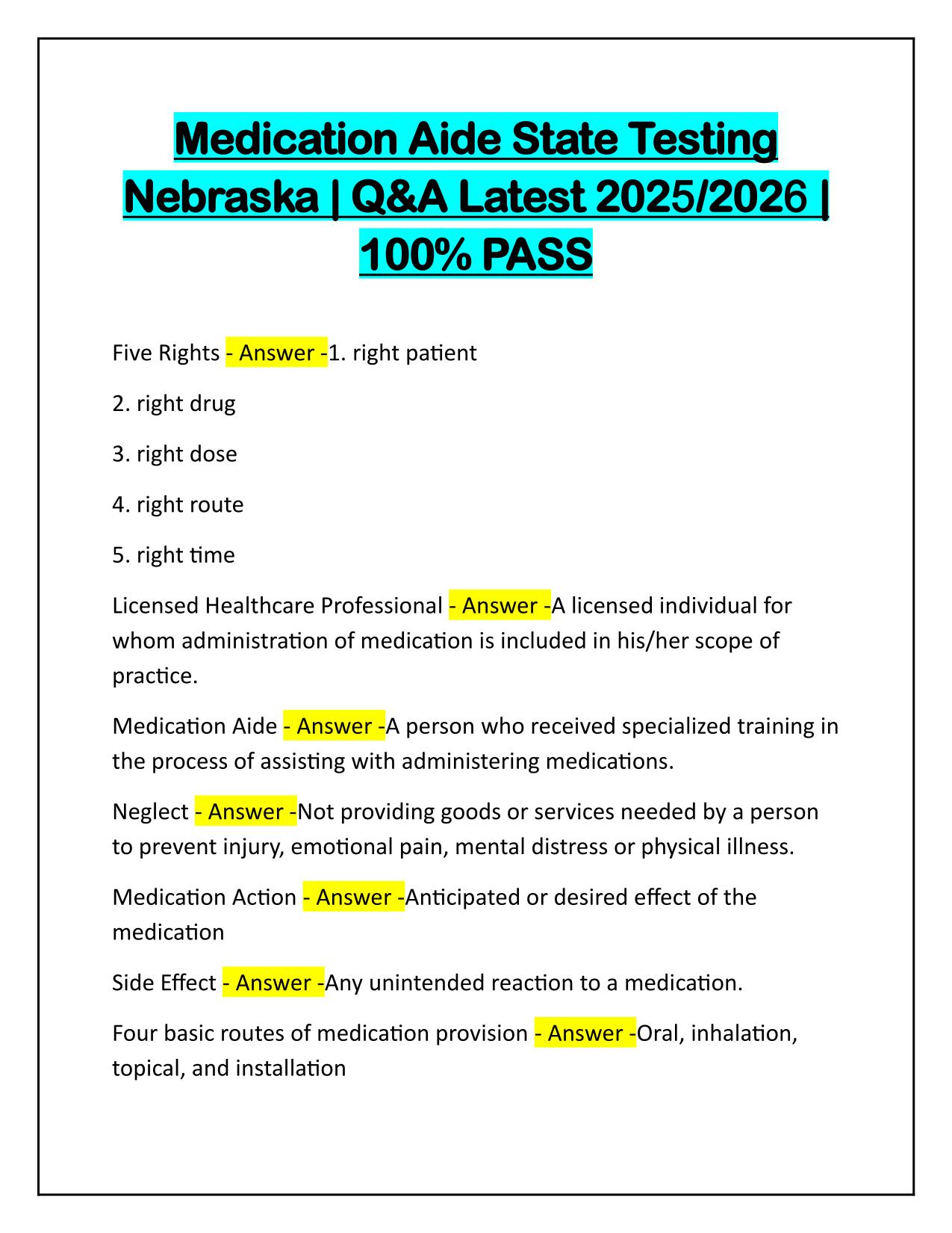 Medication Aide State Testing Nebraska Q&A Latest Update