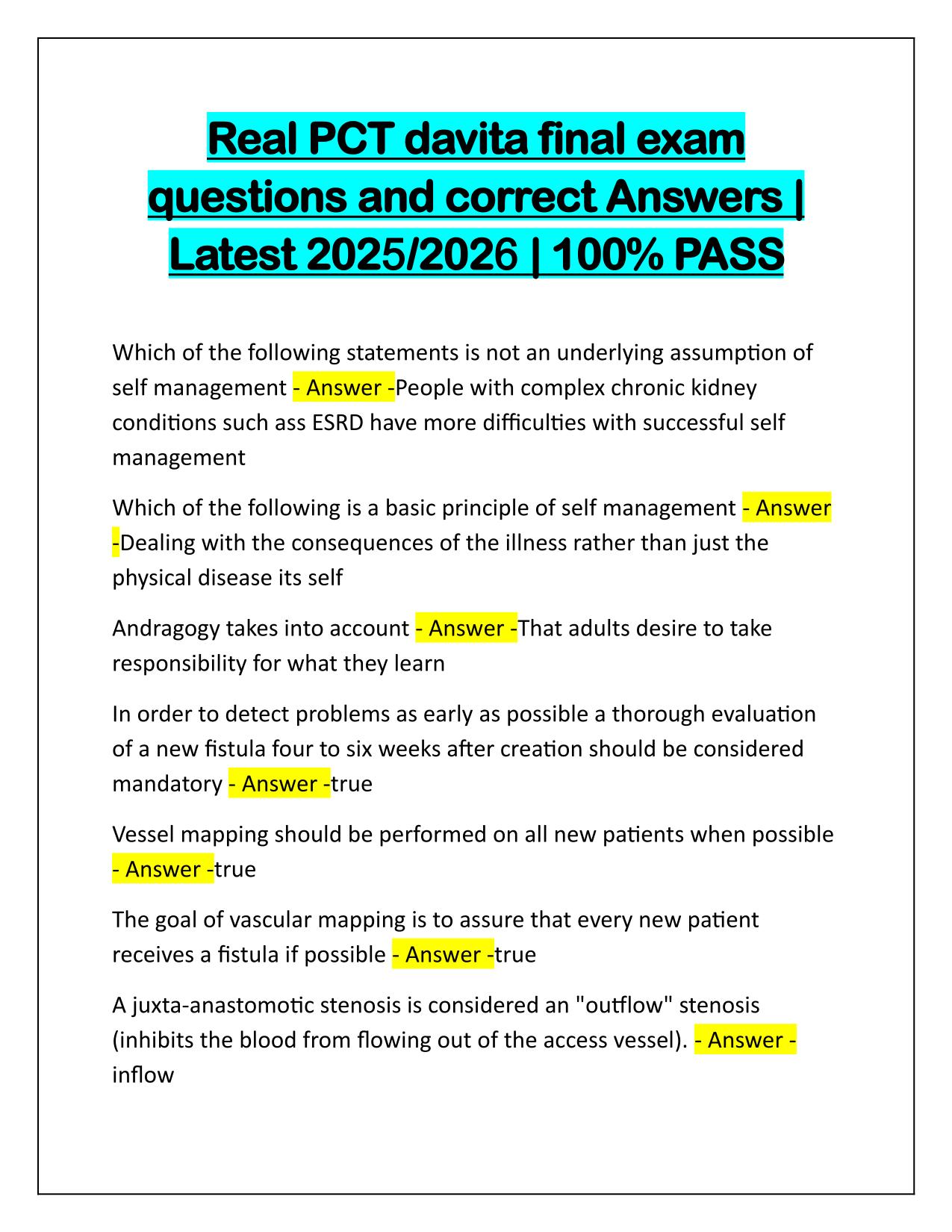 Real PCT davita final exam Q&A Latest Update