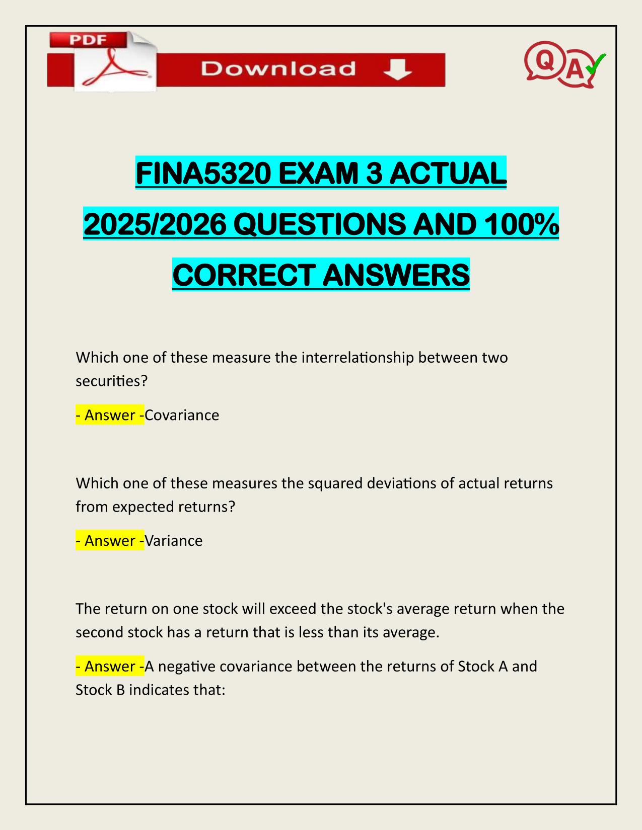 FINA5320 EXAM 3 ACTUAL 2025/2026 CORRECTLY ANSWERED