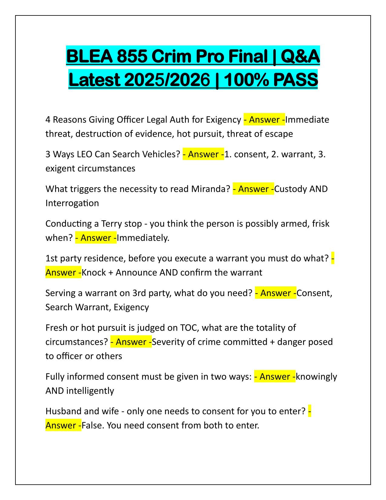 BLEA 855 Crim Pro Final Questions and Correct Answers Latest Update