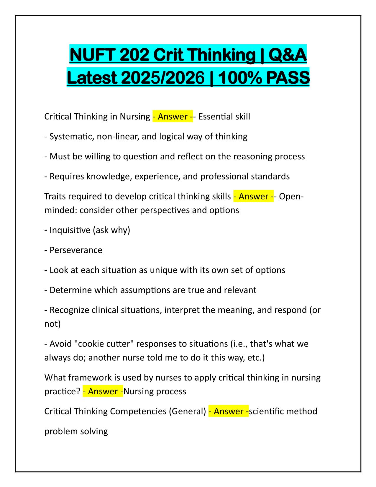 NUFT 202 Crit Thinking Q&A Latest Update 2025