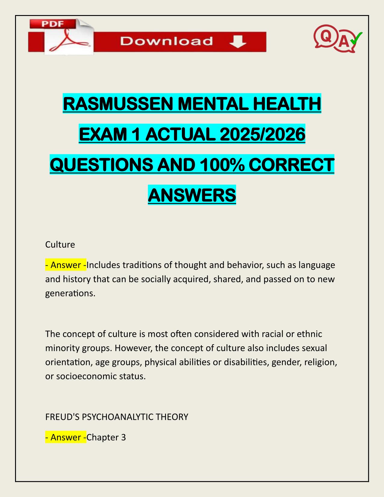 RASMUSSEN MENTAL HEALTH EXAM 1 ACTUAL 2025/2026