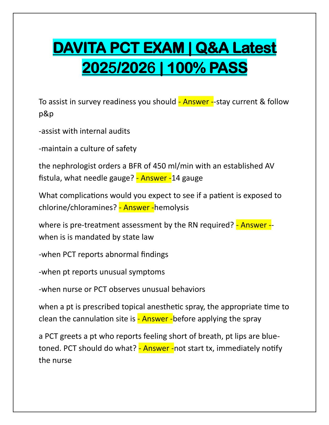 DAVITA PCT EXAM Correctly Answered Latest Update