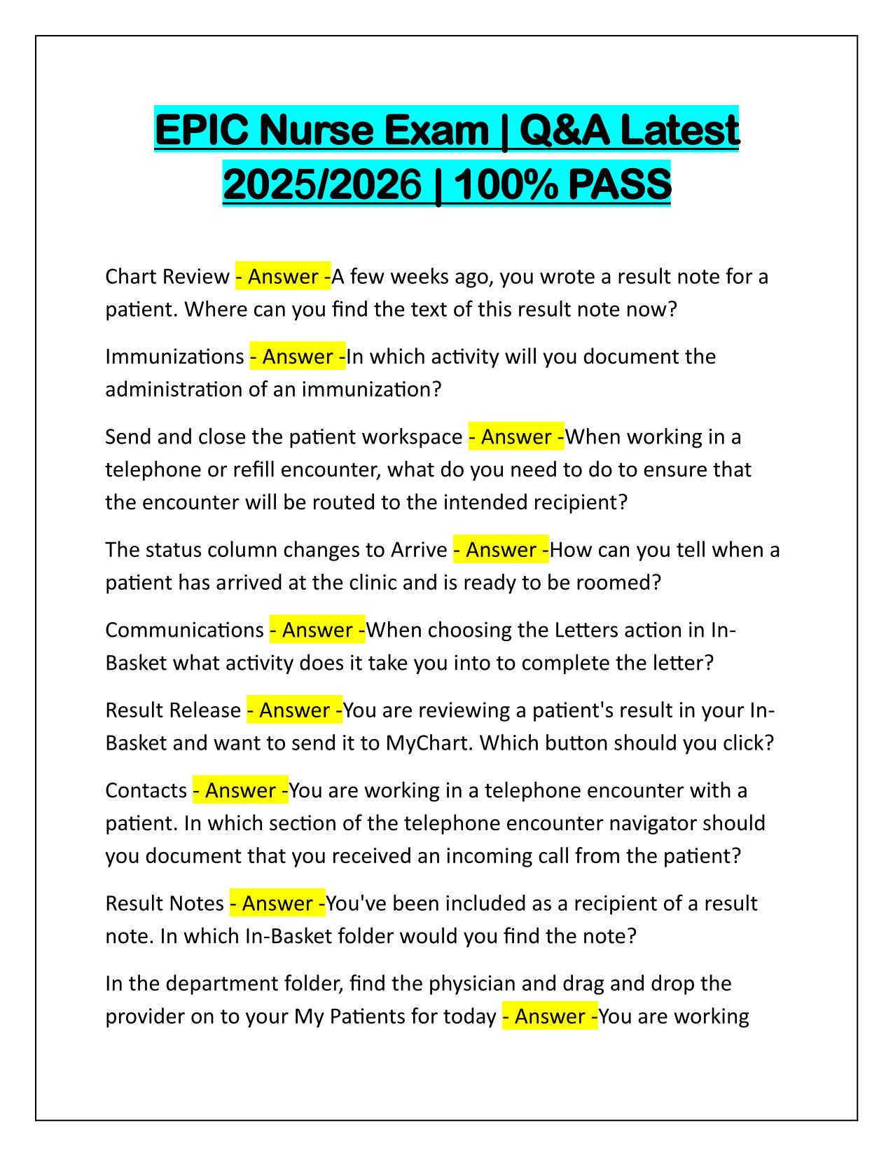 EPIC Nurse Exam Correctly Answered Latest Update