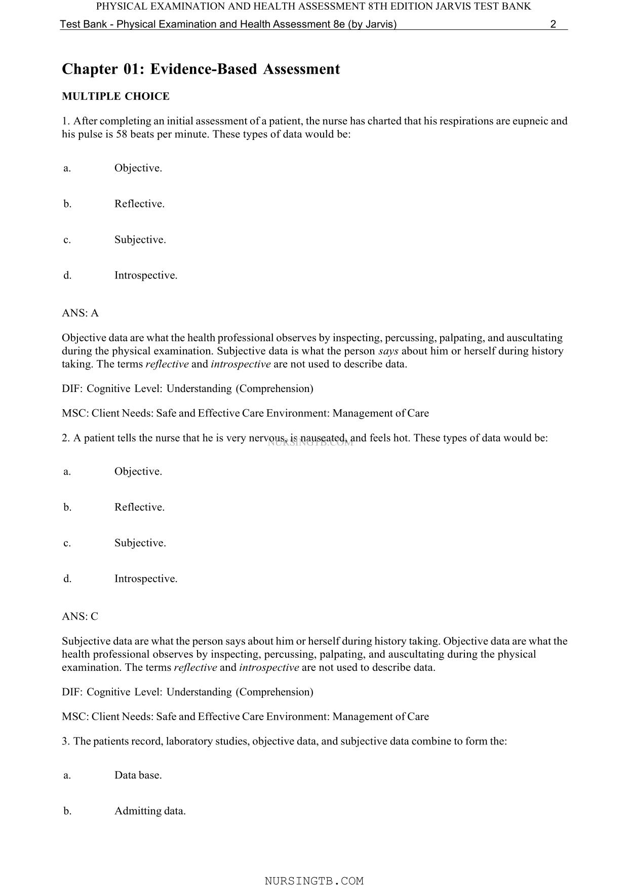 Test Bank for Physical Examination and Health Assessment 8th Edition by Jarvis PDF Download Chapter 1-32 Latest Update 2025/2026