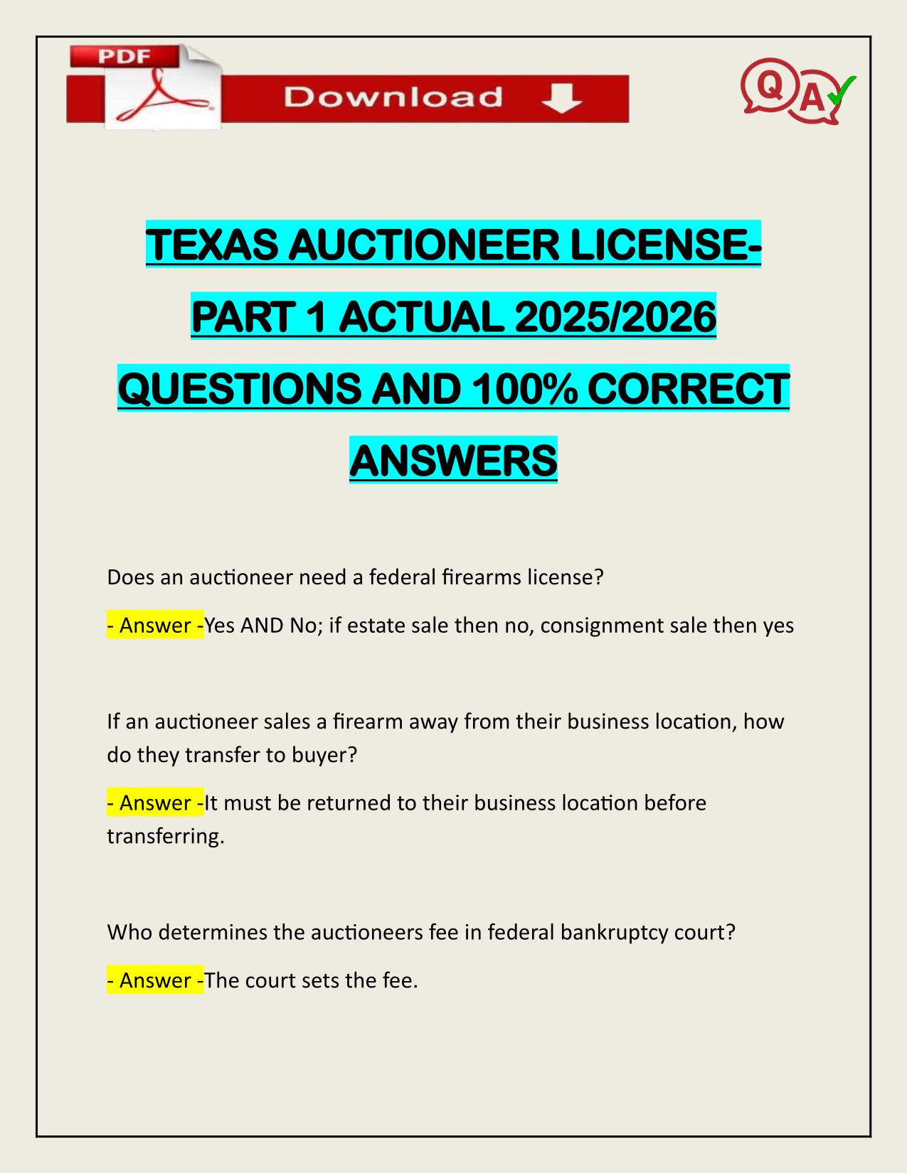 TEXAS AUCTIONEER LICENSEPART 1 ACTUAL 2025/2026 QUESTIONS AND 100% CORRECT ANSWERS