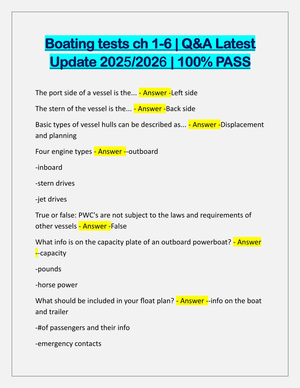 Boating tests ch 1-6 Correctly Answered Latest Update