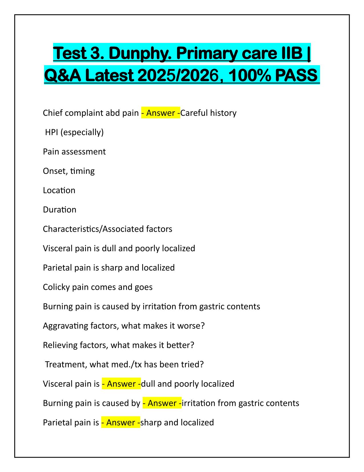 Test 3. Dunphy. Primary care IIB Q&A 2025 Update