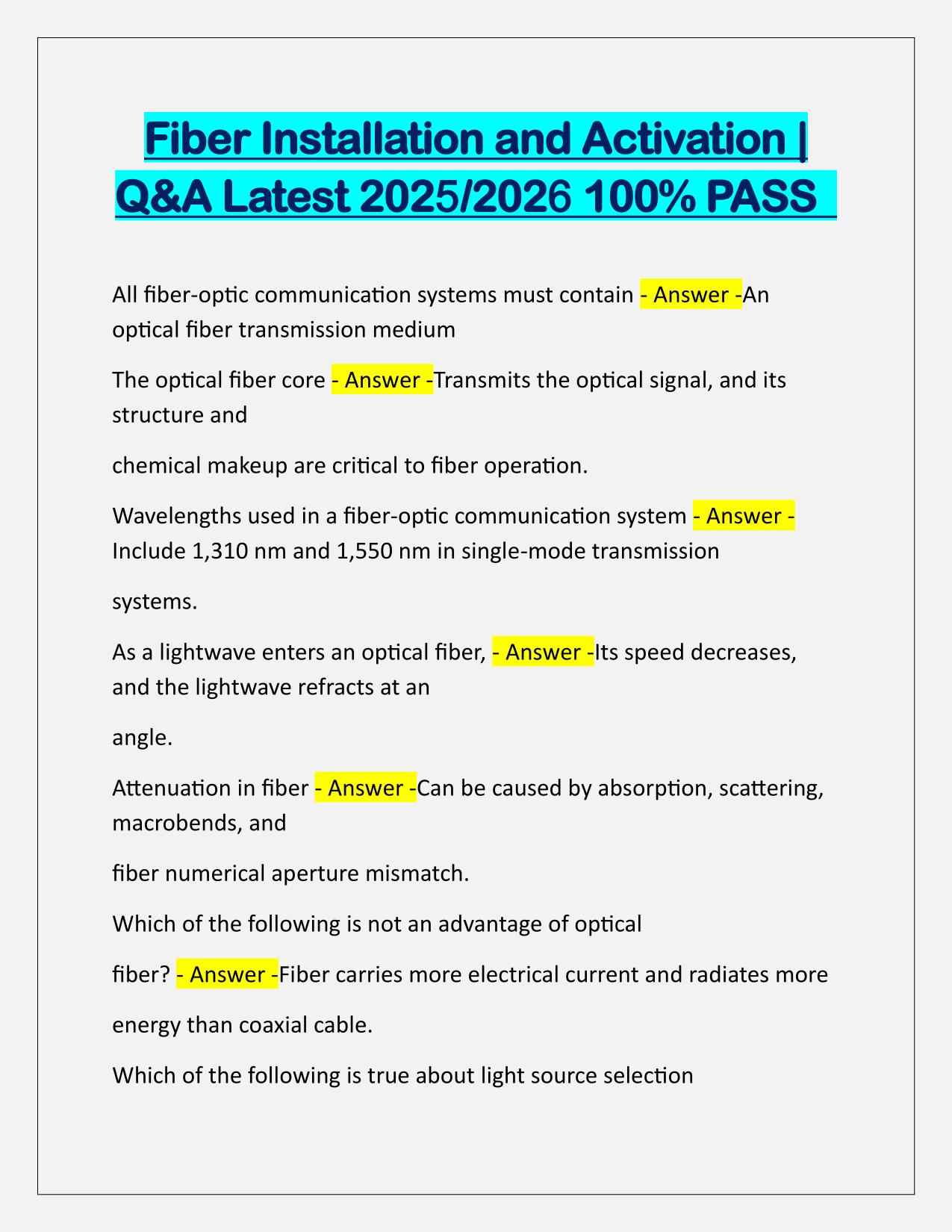 Fiber Installation and Activation EXAM Correctly Answered