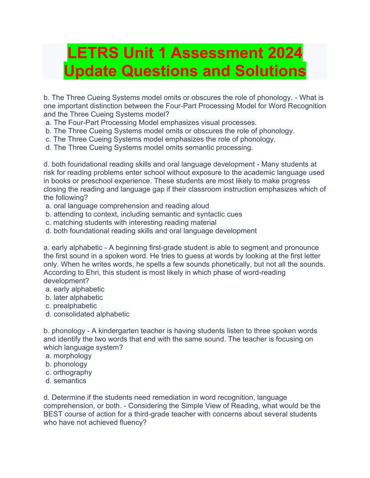 LETRS Unit 1 Assessment 2025/2026 Update Questions and Solutions PDF Download