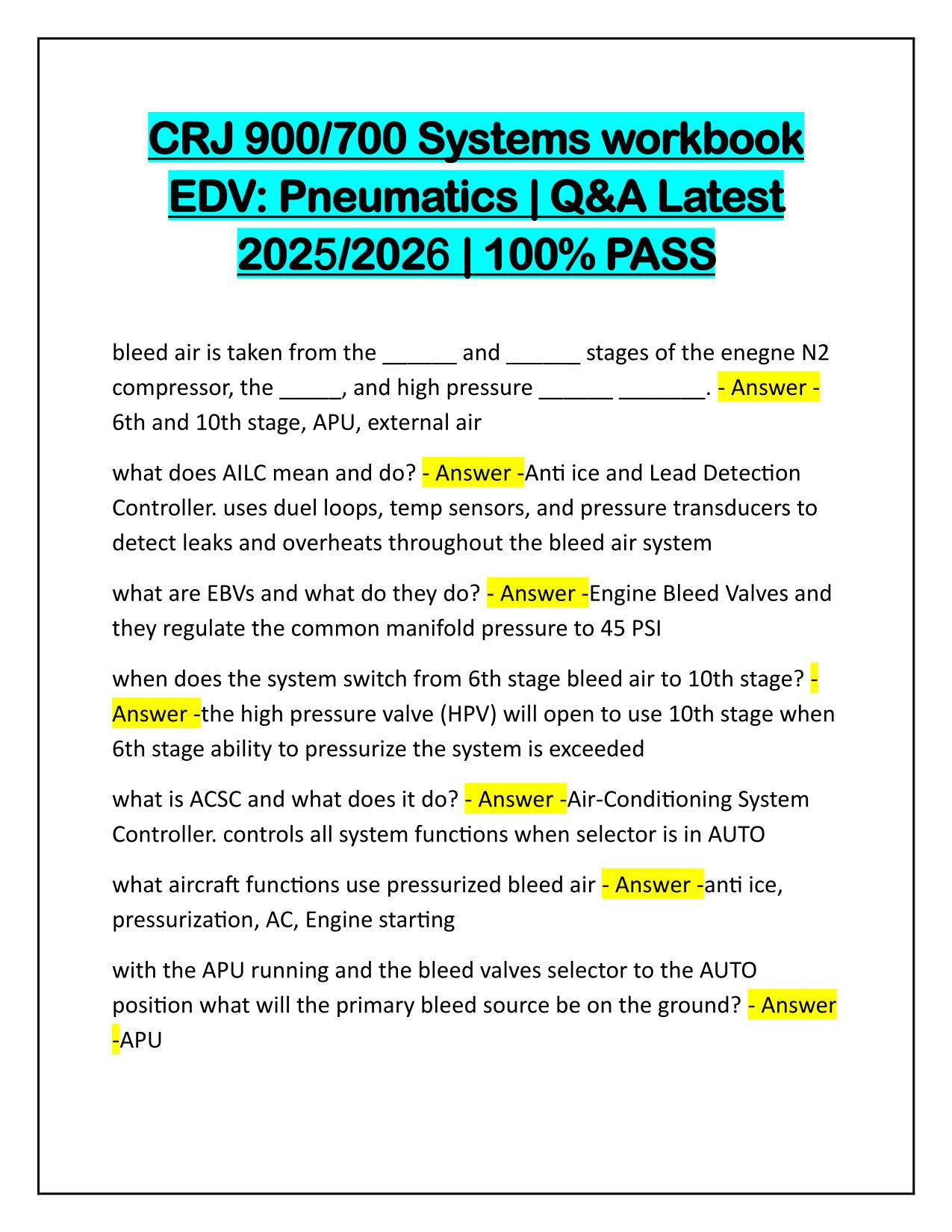 CRJ 900/700 Systems workbook EDV, Pneumatics Q&A Latest Update