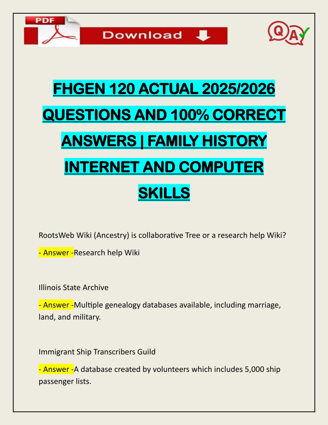 FHGEN 120 ACTUAL 2025/2026 Q&A | FAMILY HISTORY INTERNET AND COMPUTER SKILLS