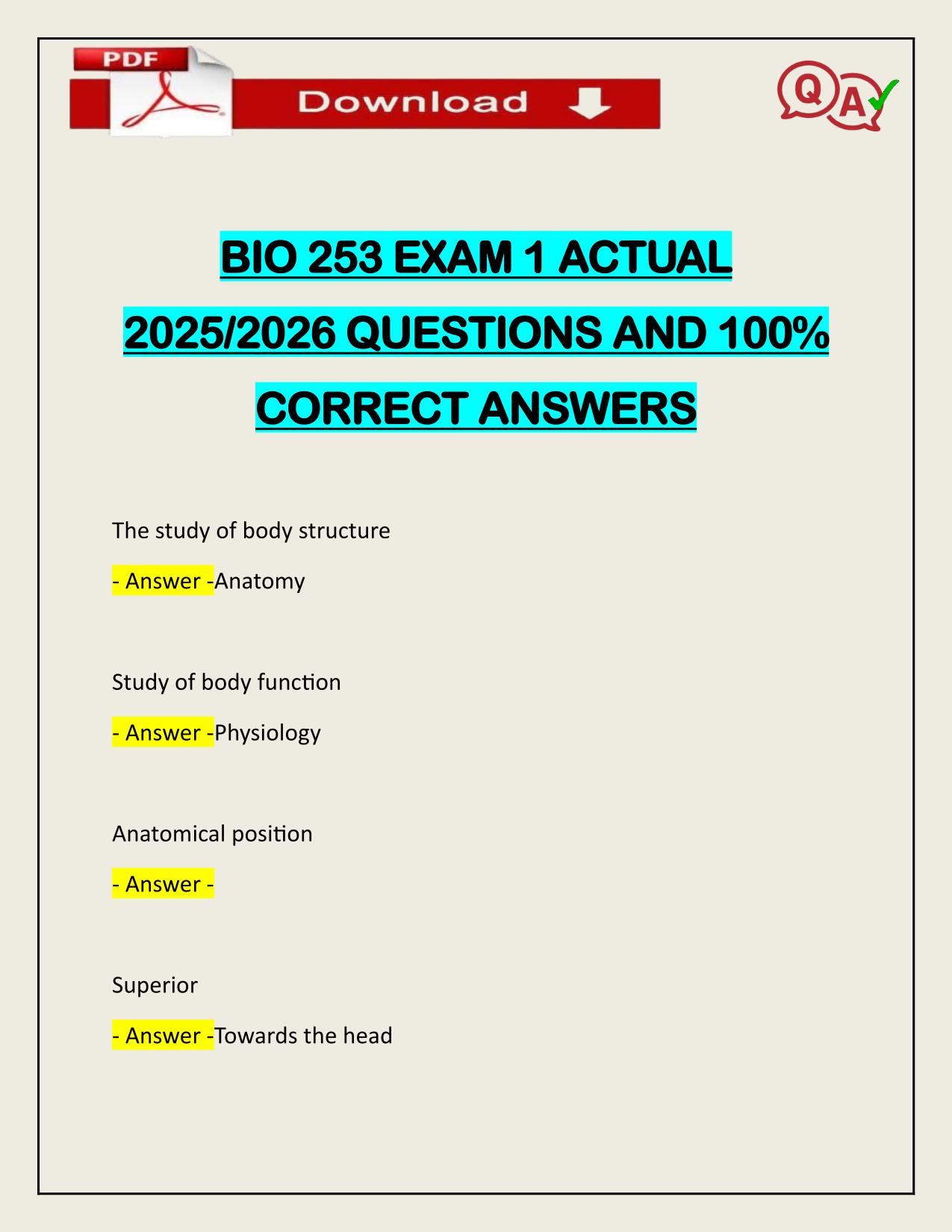 BIO 253 EXAM 1 ACTUAL 2025/2026 QUESTIONS AND 100% CORRECT ANSWERS