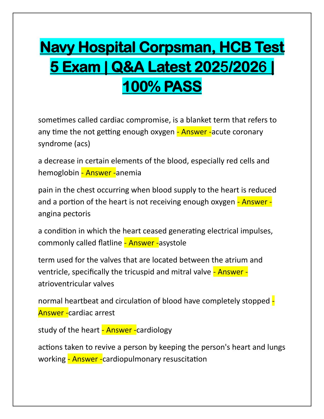 Navy Hospital Corpsman, HCB Test 5 exam Correctly Answered Latest Update