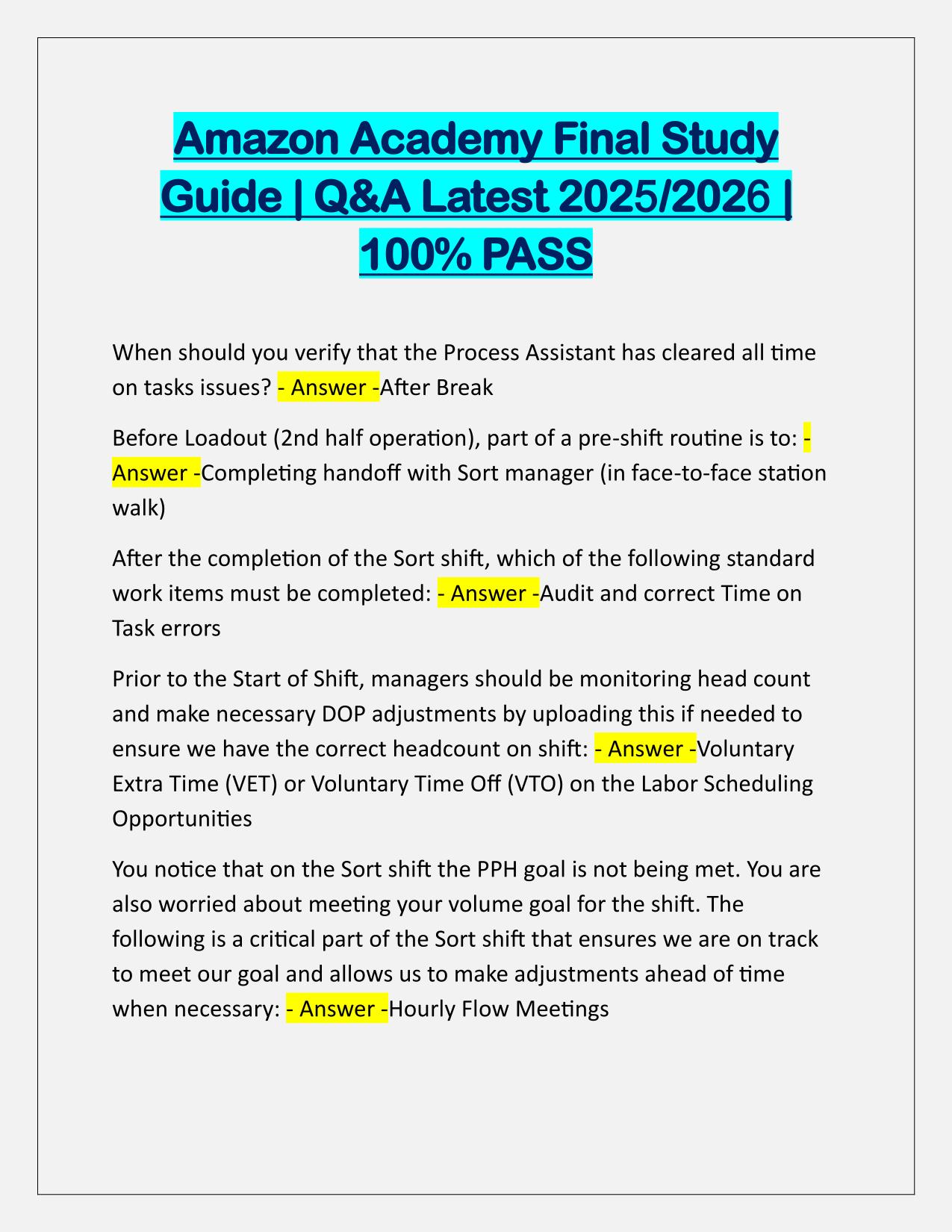Amazon Academy Final Study Guide Correctly Answered Latest Update