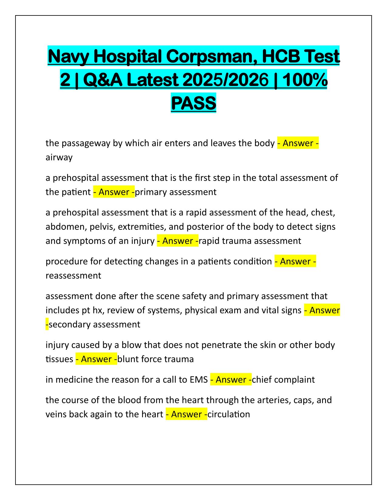 Navy Hospital Corpsman, HCB Test 2 Correctly Answered Latest Update