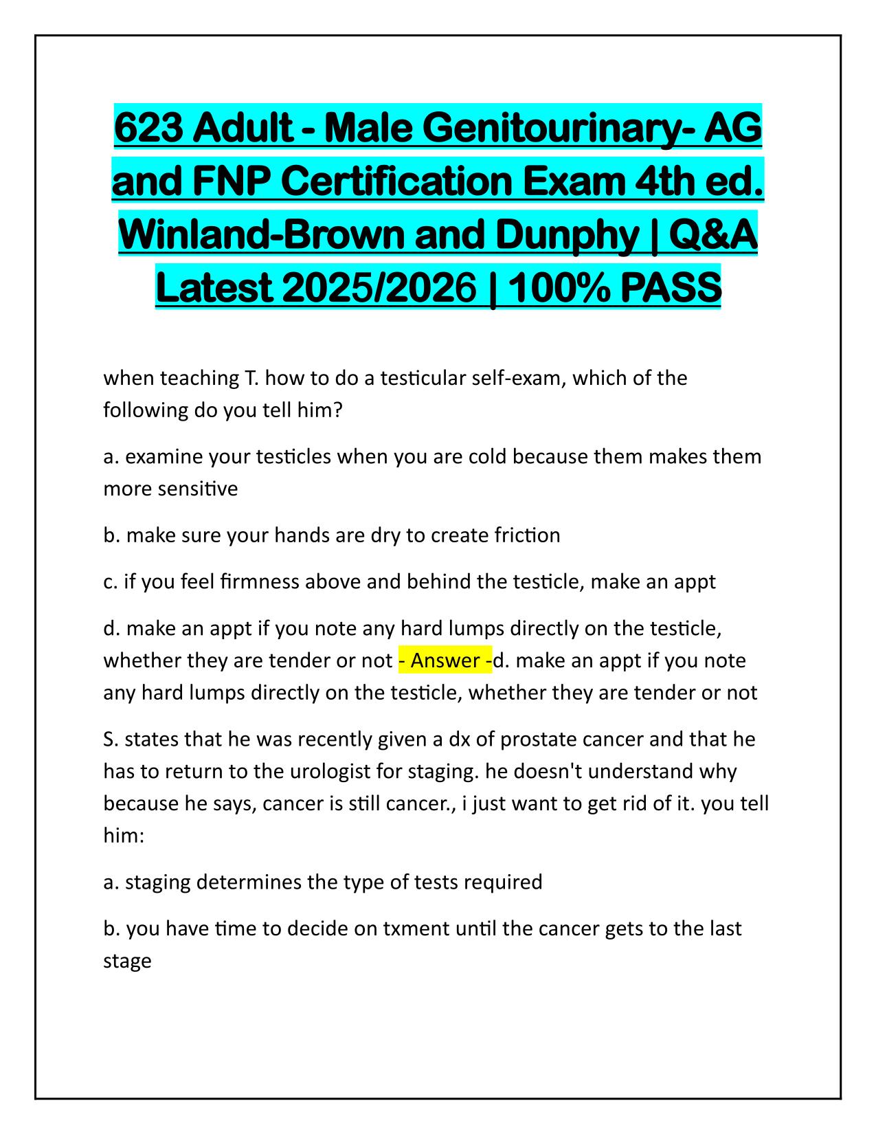 623 Adult Male Genitourinary AG and FNP Certification Exam 4th ed. Winland-Brown and Dunphy Q&A Latest