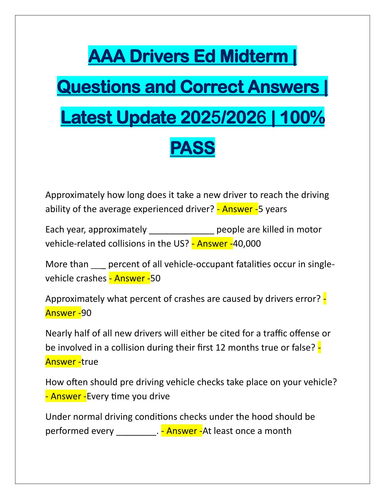 AAA Drivers Ed Midterm Correctly Answered