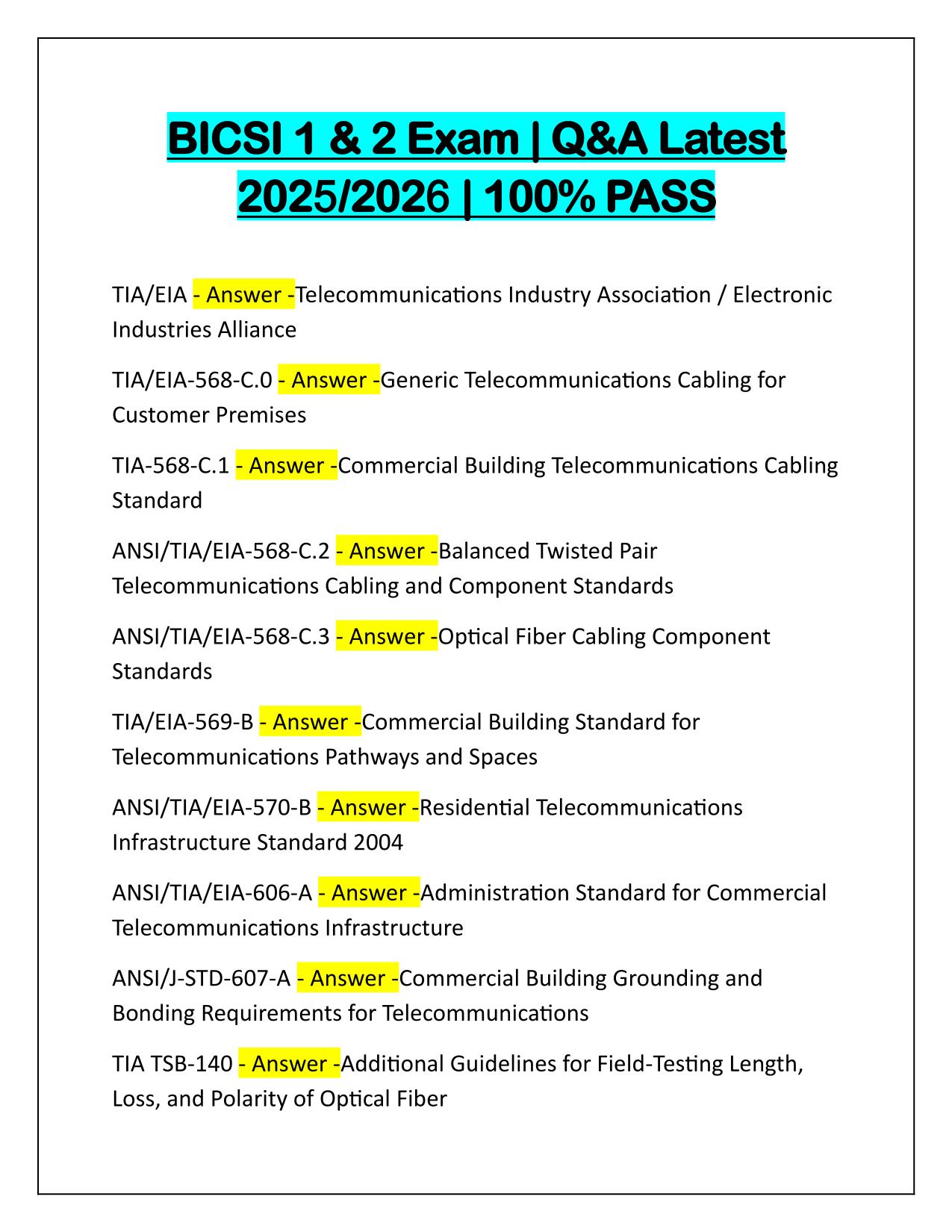 BICSI 1 and 2 Exam Q&A Latest Update 2025