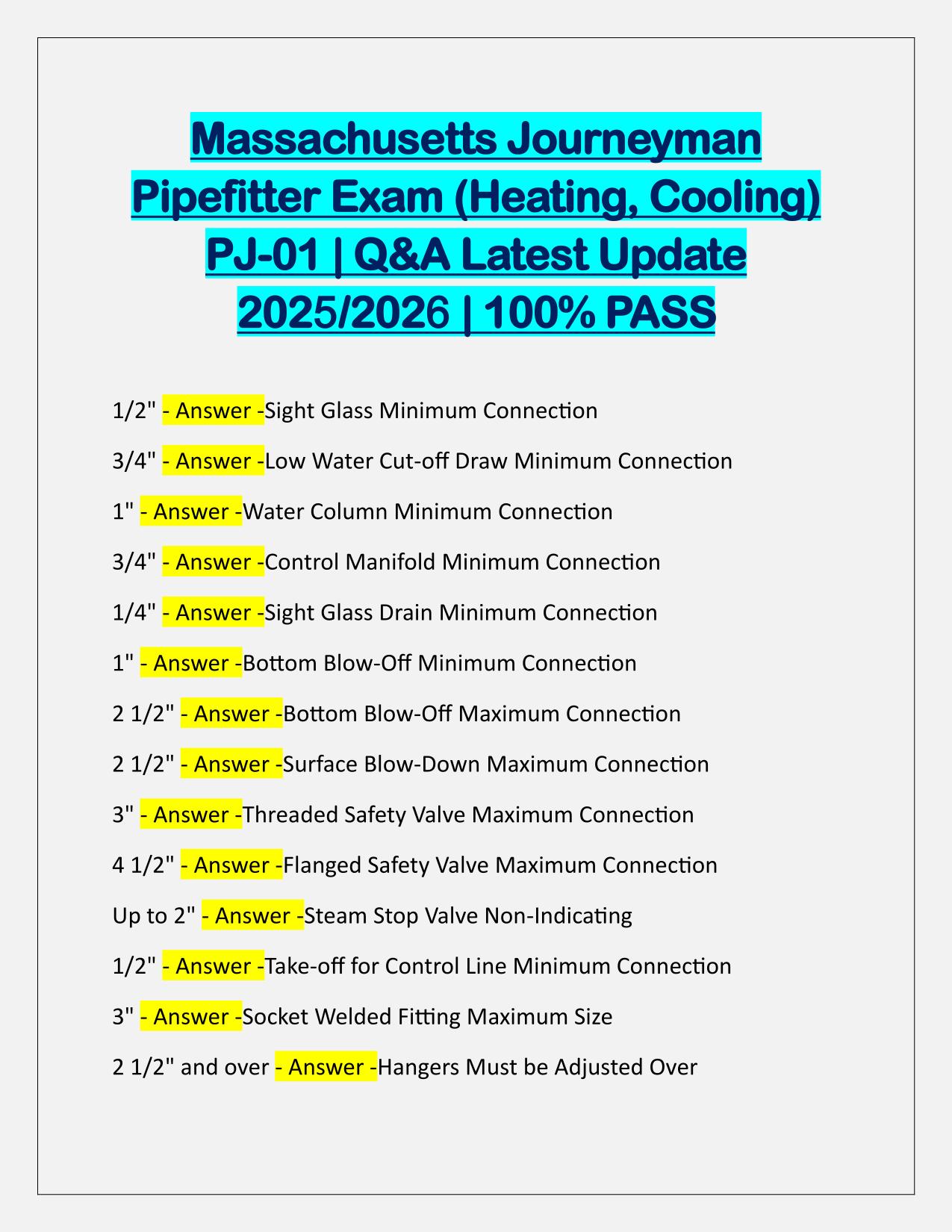 Massachusetts Journeyman Pipefitter Exam Heating, Cooling PJ-01 Q&A Latest Update