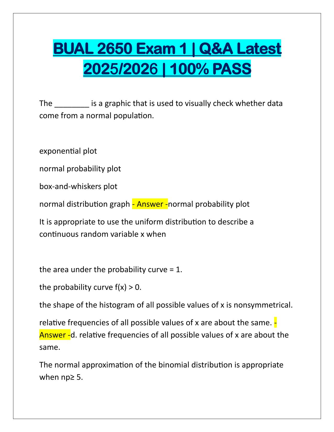 BUAL 2650 Exam 1 Correctly Answered Latest Update