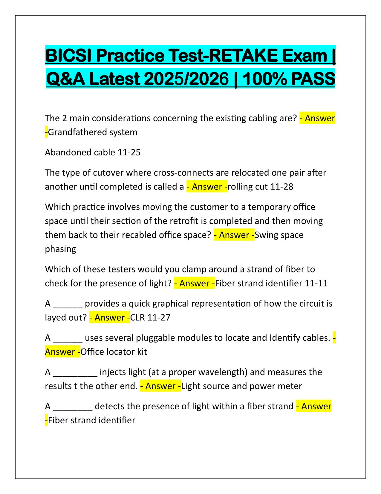BICSI Practice Test-RETAKE Exam Correctly Answered Latest Update 2025-2026