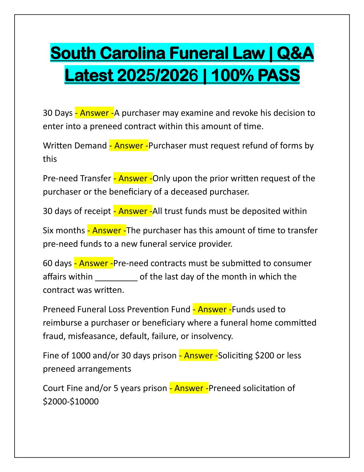 Package Deal for South Carolina Funeral Laws Exams Q&A 2025-2026 Update