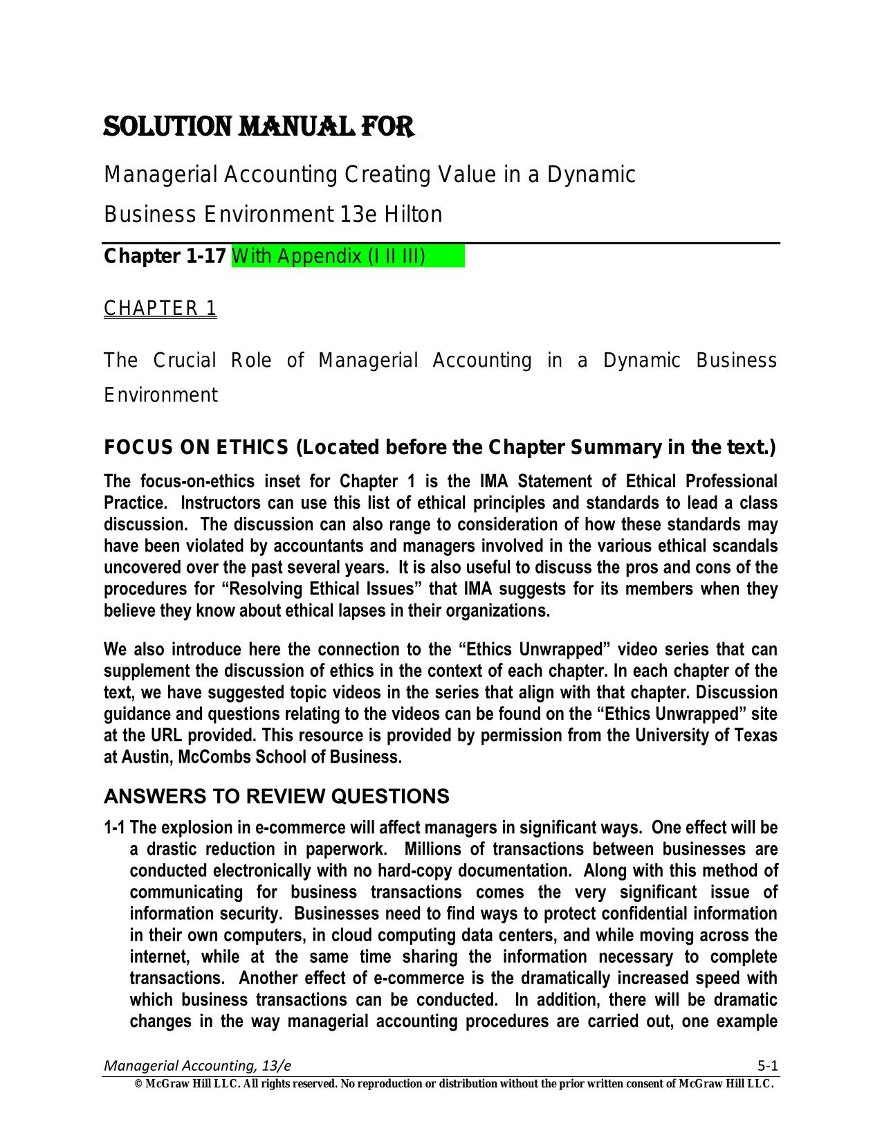 Solutions Manual for Managerial Accounting Creating Value in a Dynamic Business Environment, 13th Edition by Hilton