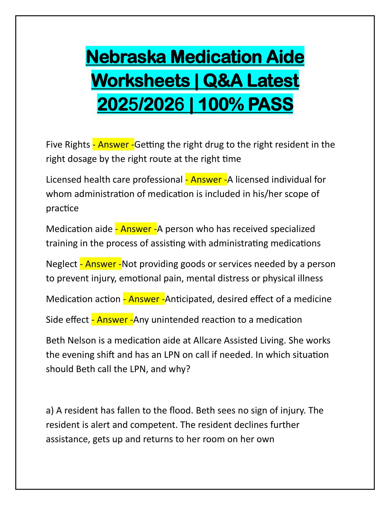 Nebraska Medication Aide Worksheets Correctly Answered 2025 Update