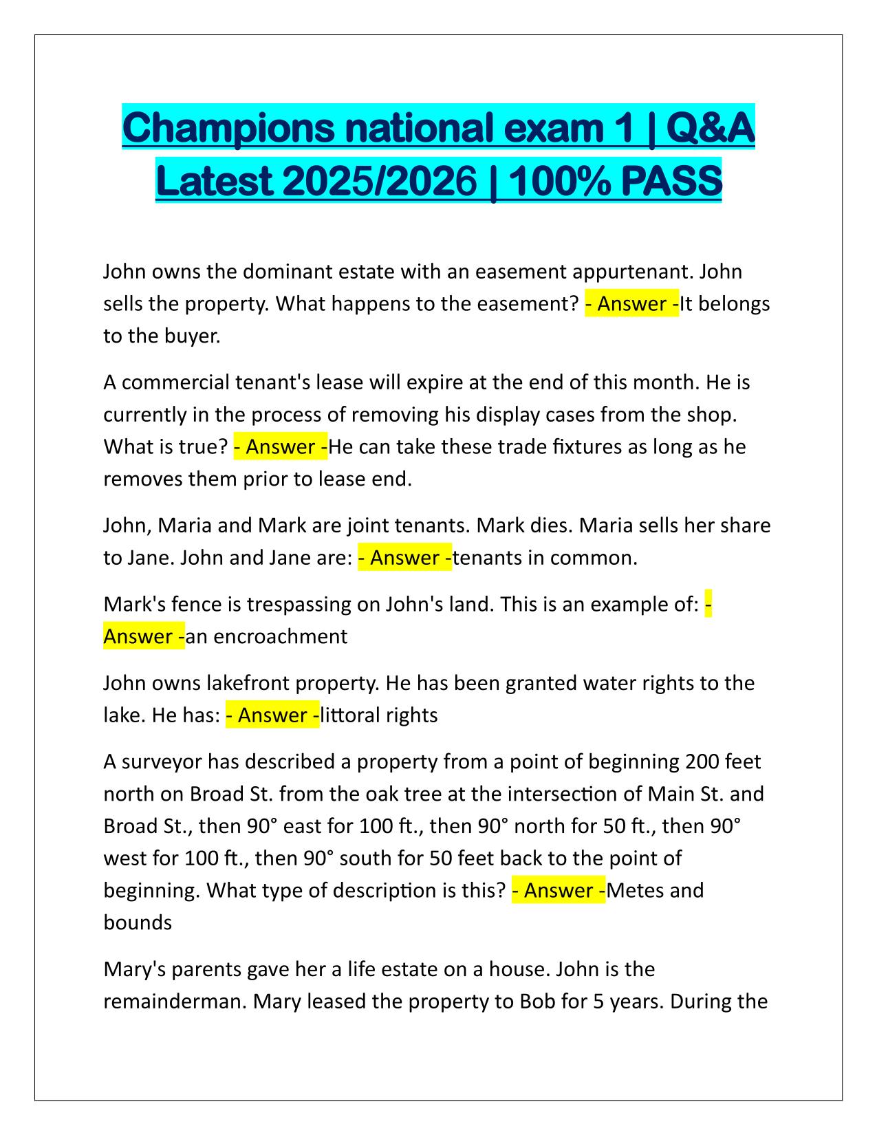 Champions national exam 1 Q&A Latest Update
