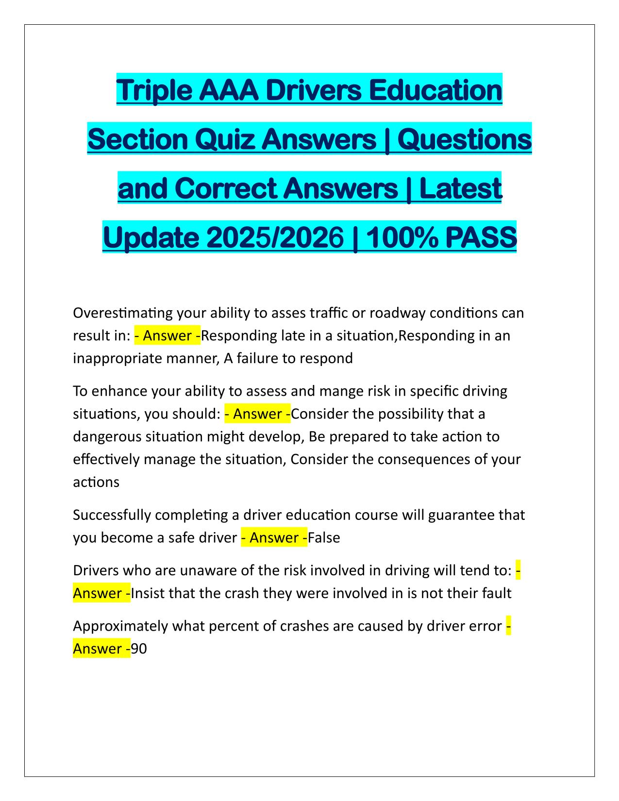 Triple AAA Drivers Education Section Quiz Answers Latest Update