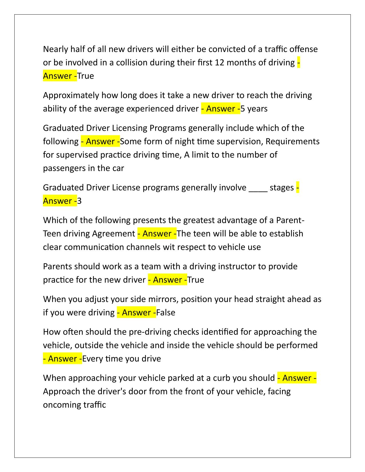 Triple AAA Drivers Education Section Quiz Answers Latest Update