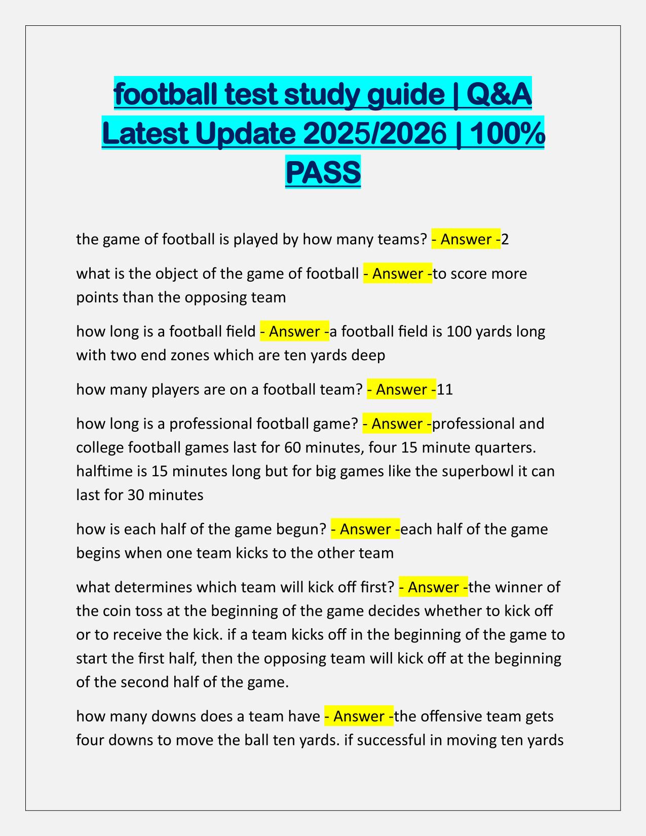 Football test study guide Correctly Answered Latest Update