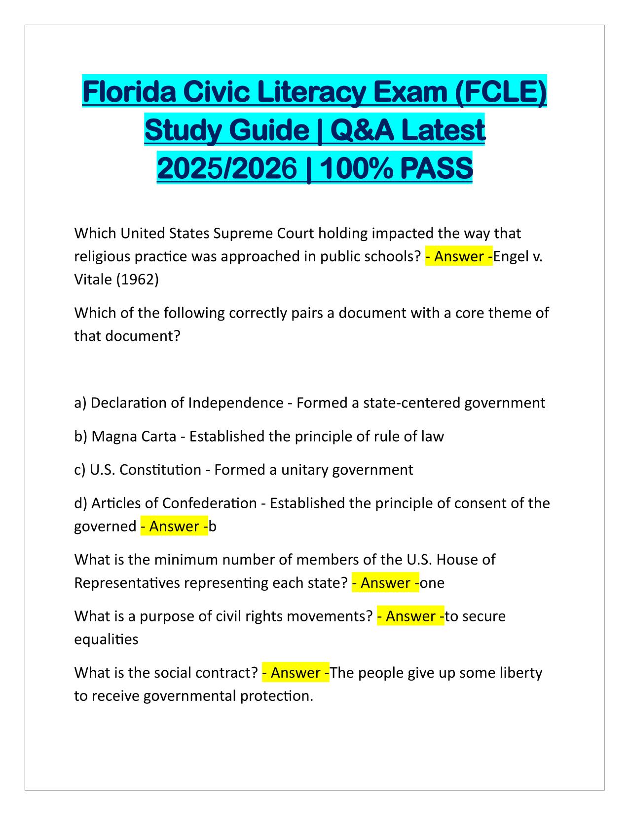 Florida Civic Literacy Exam (FCLE) Study Guide Q&A Latest Update