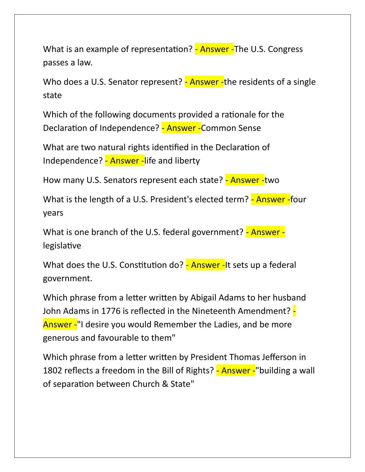 Florida Civic Literacy Exam (FCLE) Study Guide Q&A Latest Update
