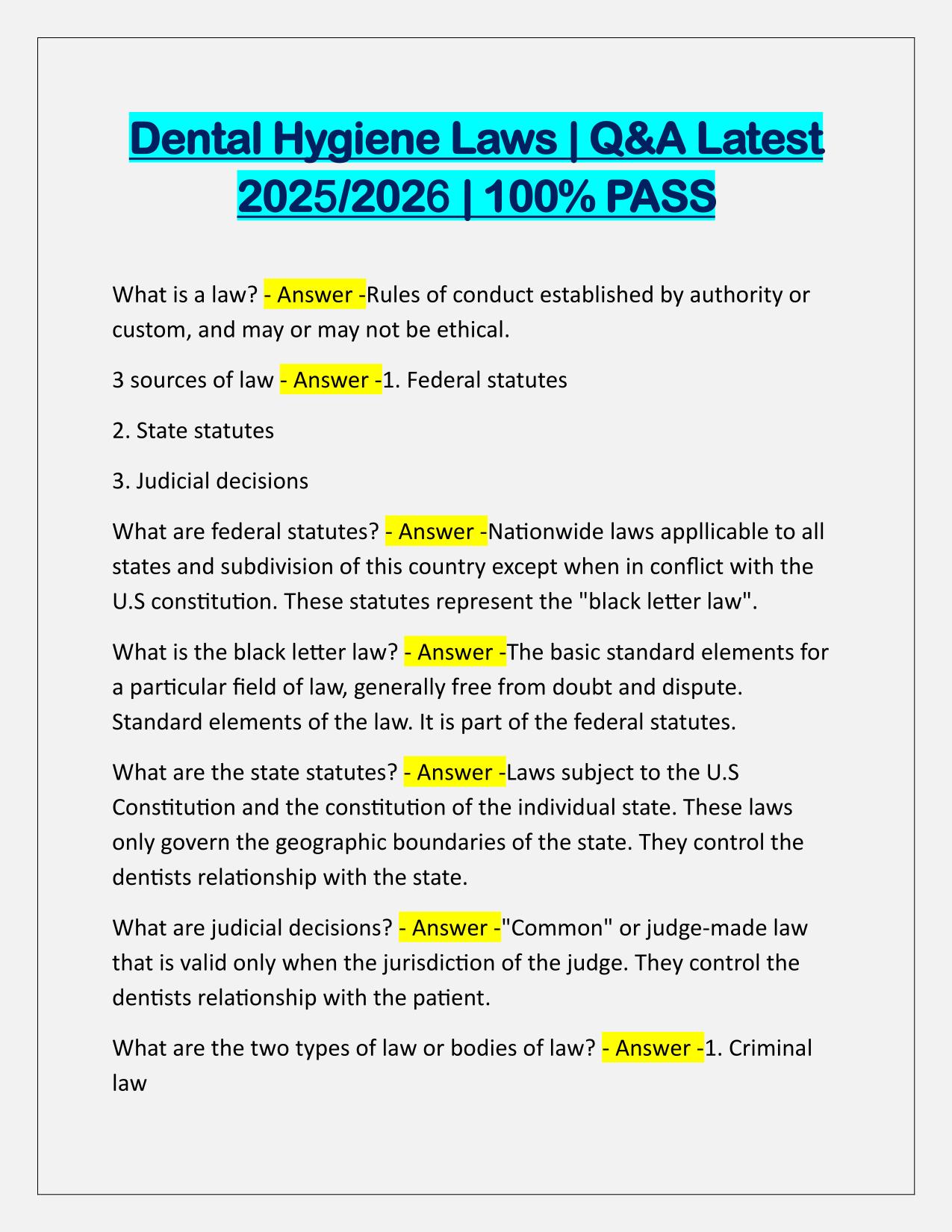 Dental Hygiene Laws EXAM Q&A Latest Update