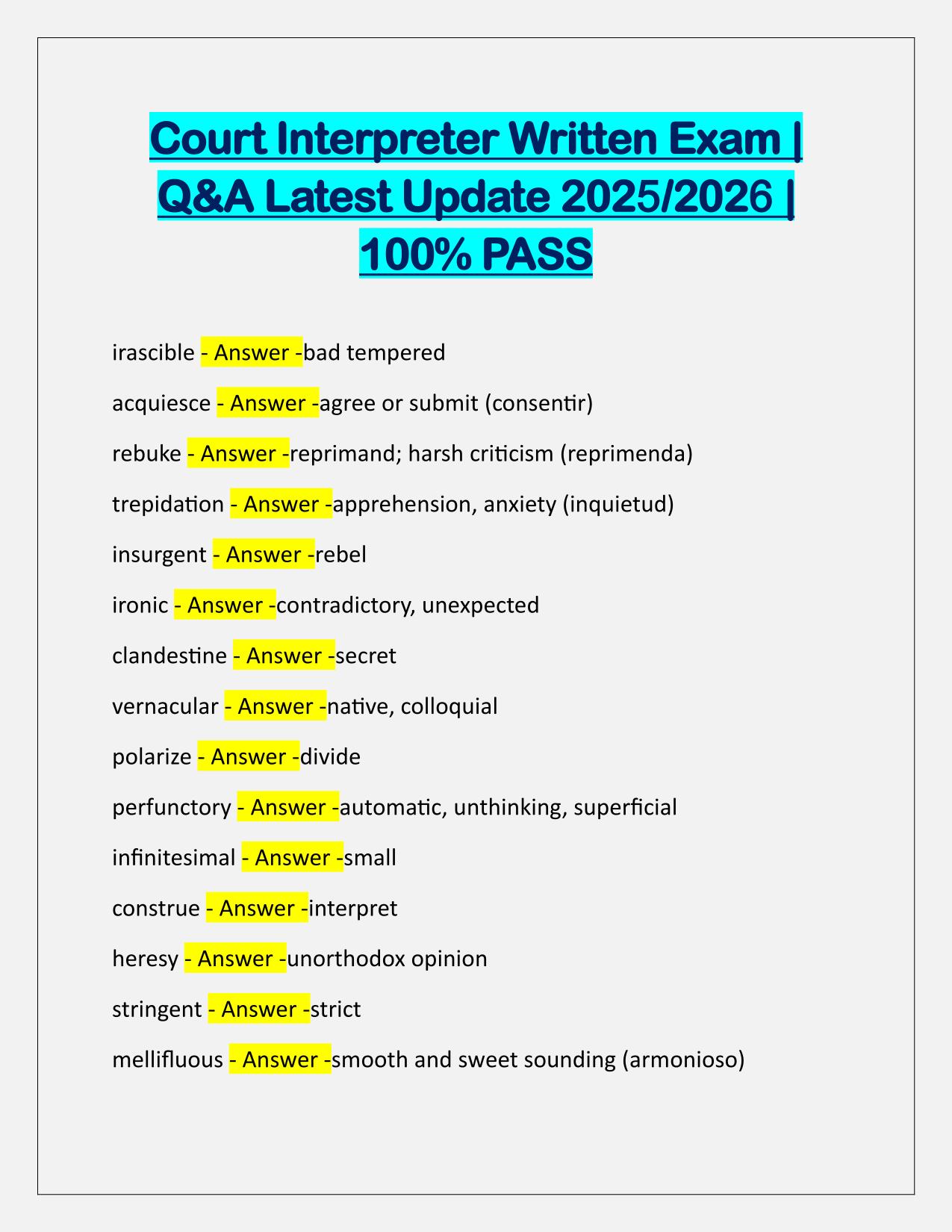Court Interpreter Written Exam Questions and Correct Answers