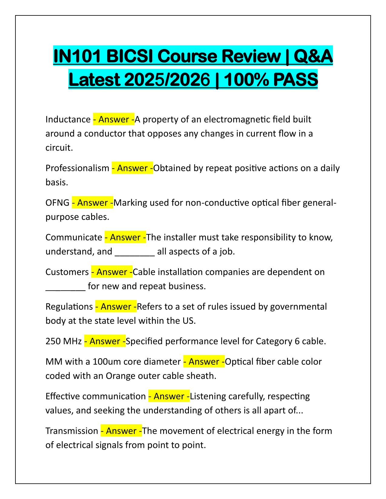 IN101 BICSI Course Review Correctly Answered Latest Update 2025