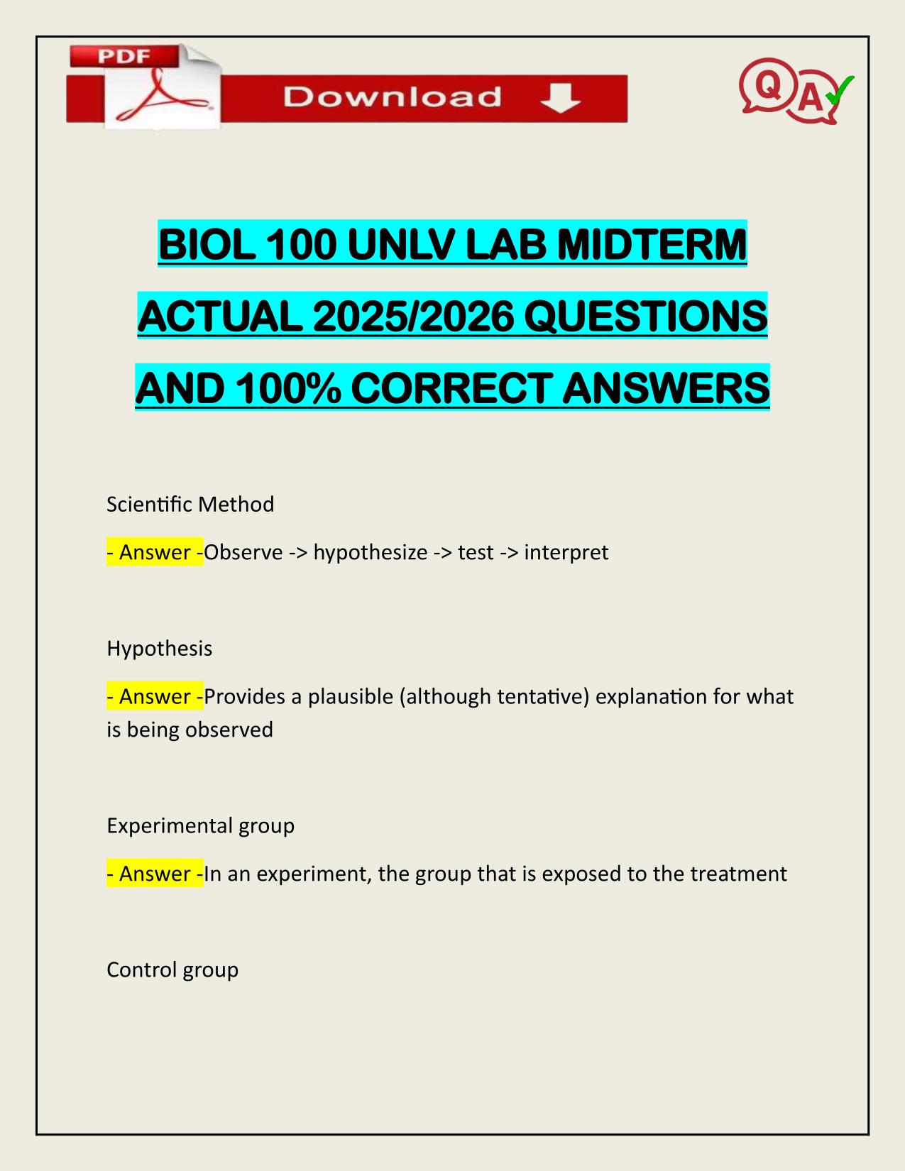 BUNDLE FOR BIOLOGY 100 UNLV EXAMS ACTUAL 2025/2026 UPDATED
